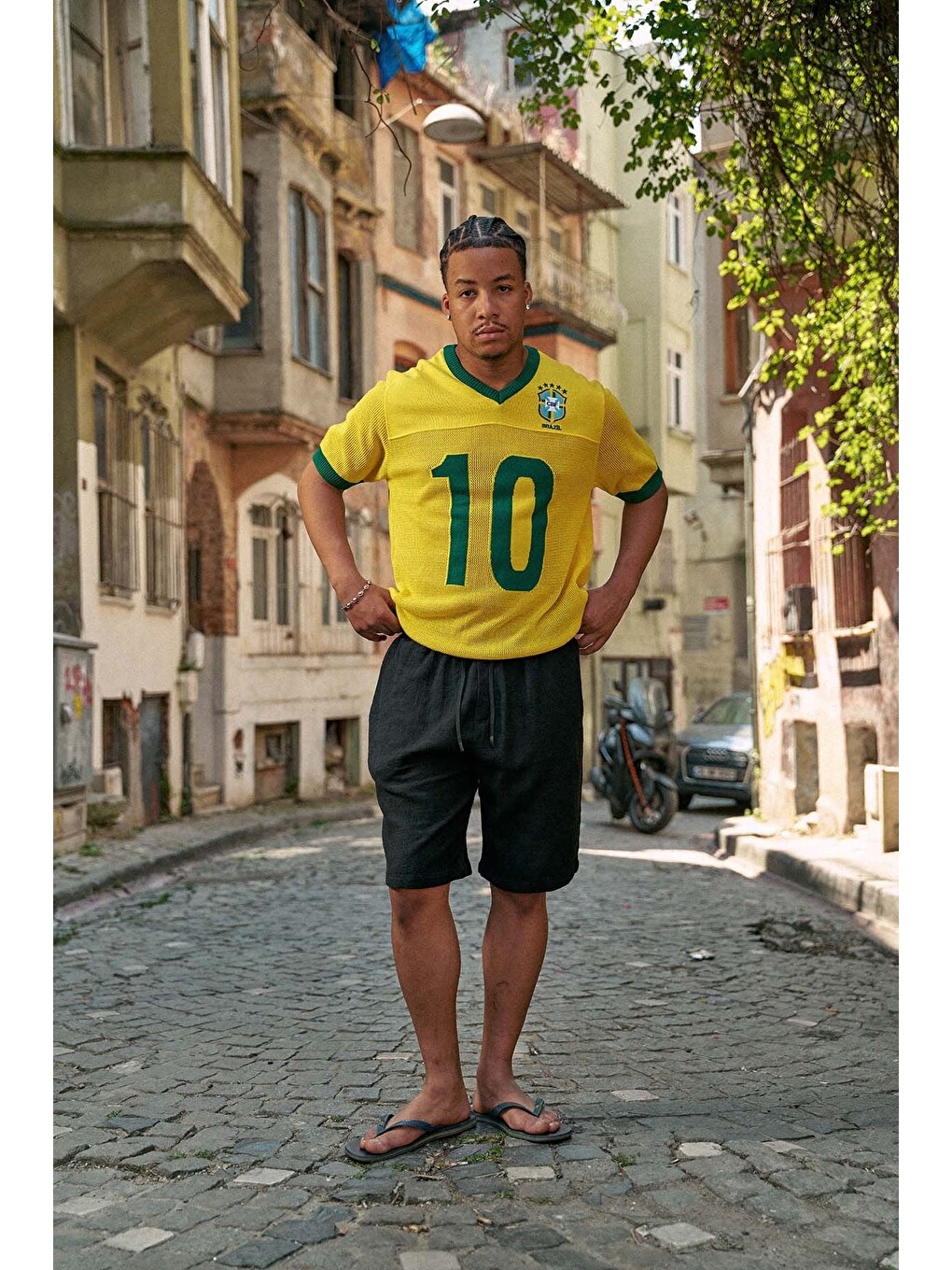 Erkek Oversize Futbol V Yaka Triko Forma T-Shirt Sarı-5