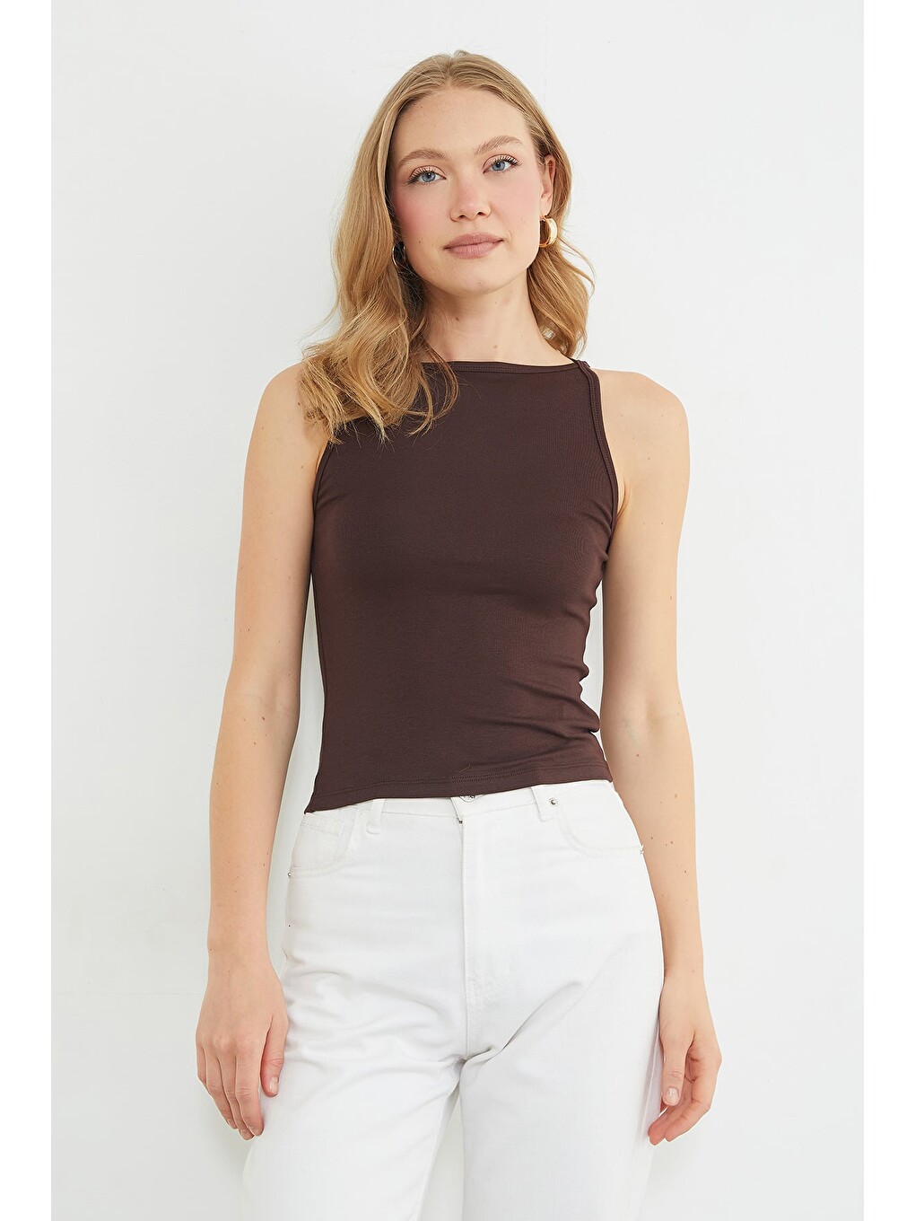 Kahverengi Basic Kayık Yaka Slim Fit Bluz-1