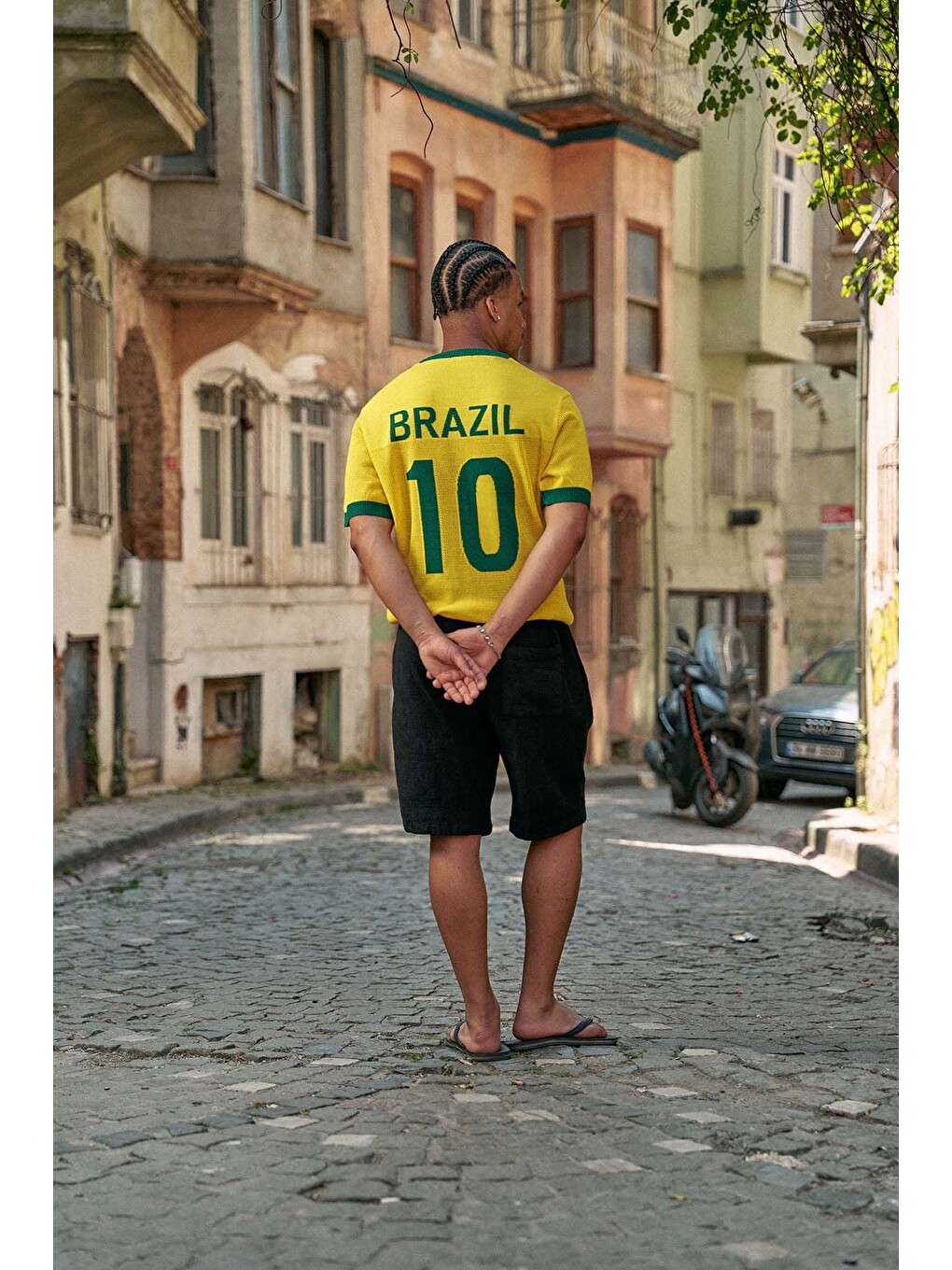 Erkek Oversize Futbol V Yaka Triko Forma T-Shirt Sarı-6