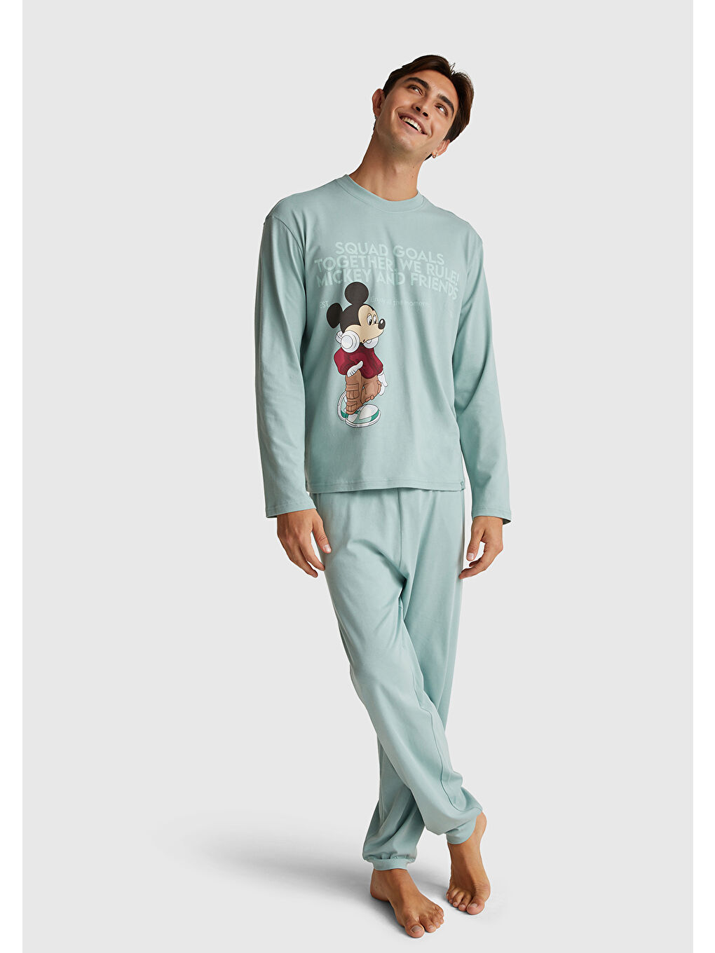 Erkek Açık Yeşil %100 Pamuk Disney Baskılı Uzun Kollu T-Shirt-4