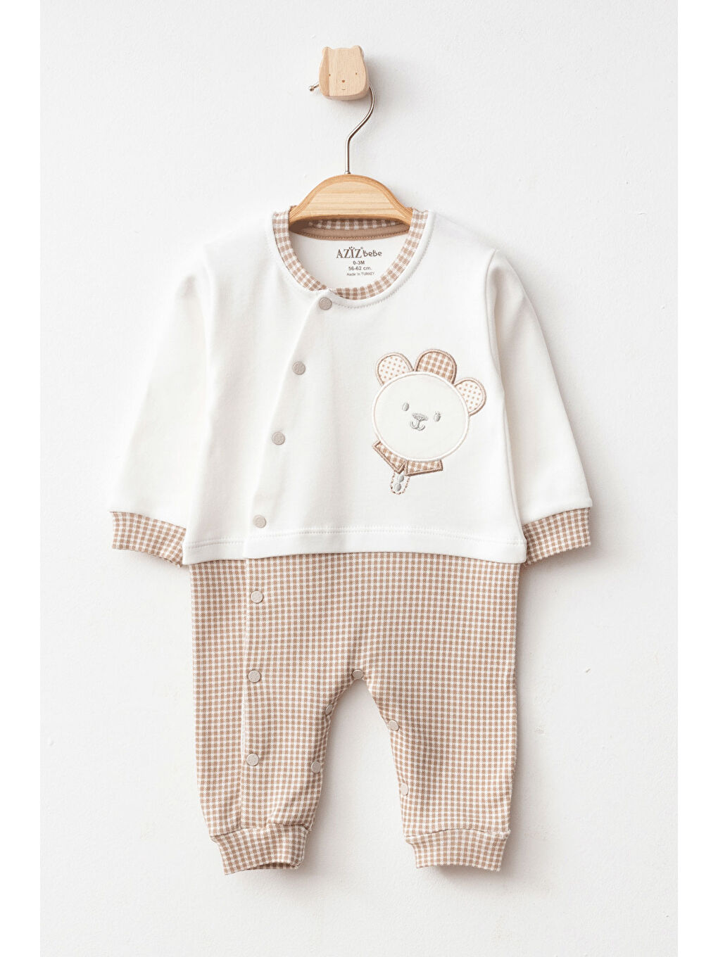 AZİZ BEBE Bej Erkek Bebek Çıtçıtlı Ayı Nakışlı Tulum 0 Ay - 6 Ay