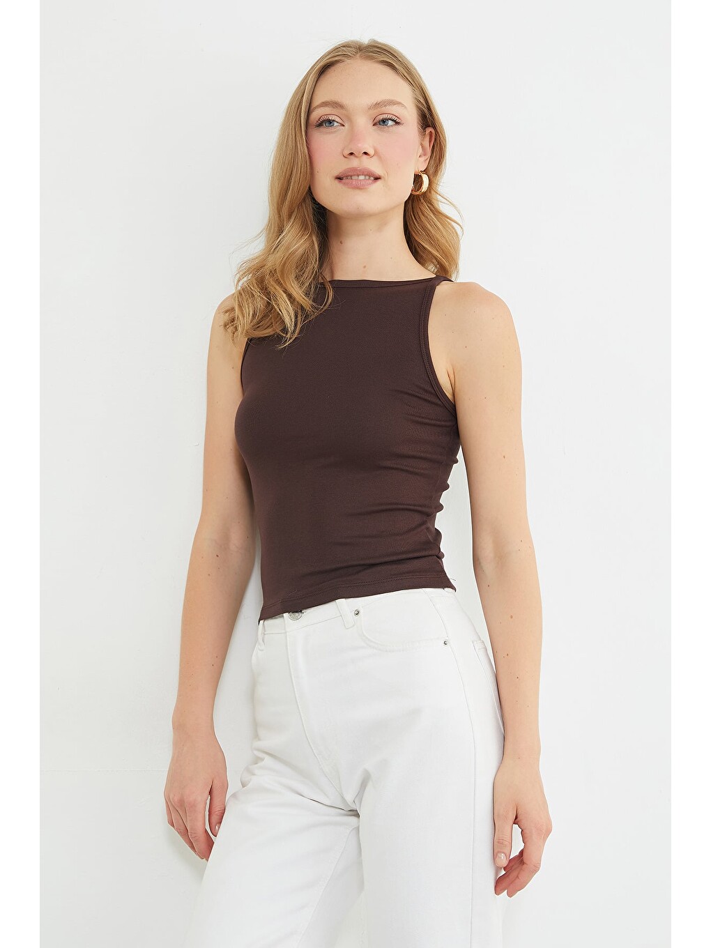 Kahverengi Basic Kayık Yaka Slim Fit Bluz-4