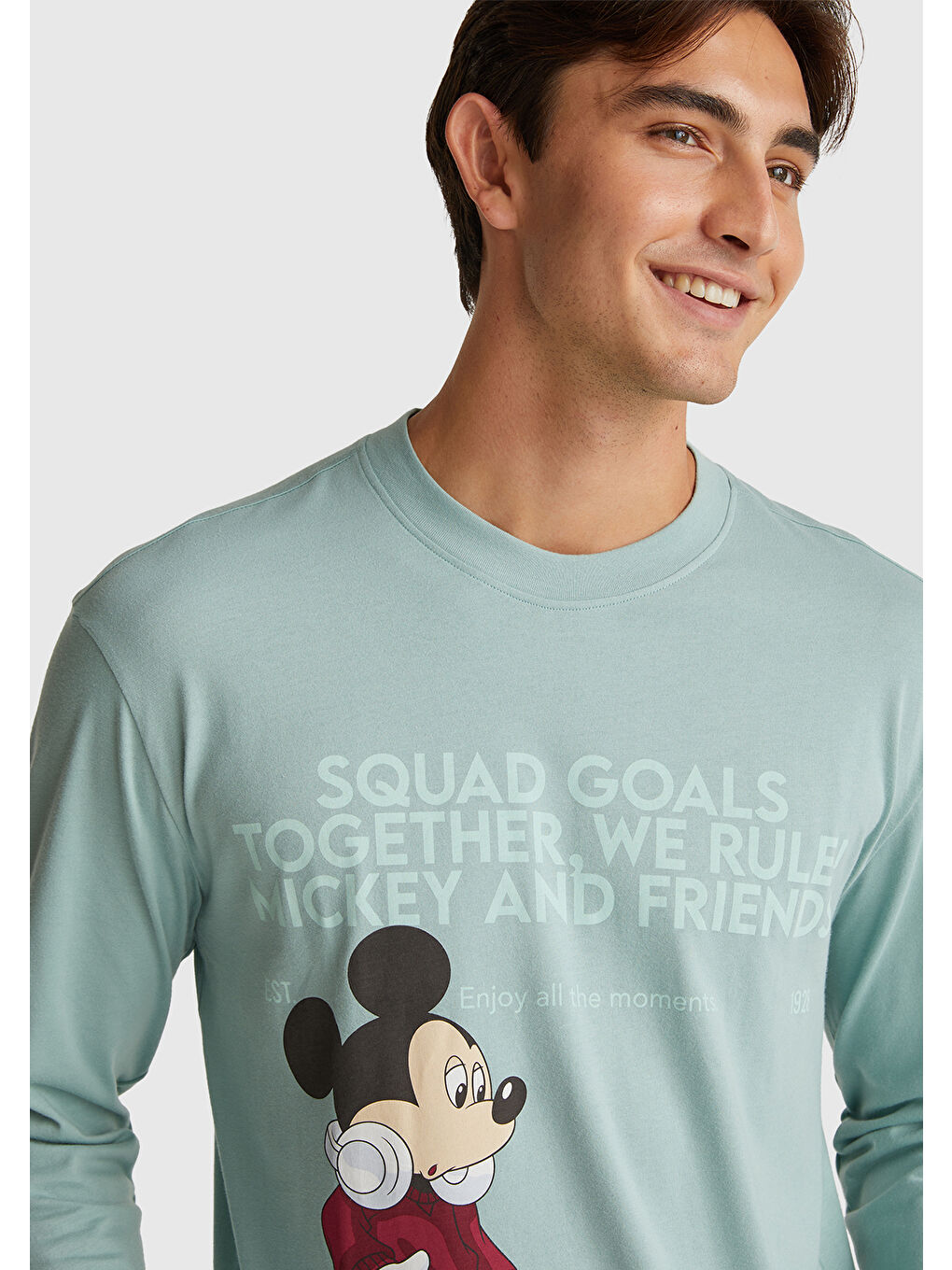 Erkek Açık Yeşil %100 Pamuk Disney Baskılı Uzun Kollu T-Shirt-5