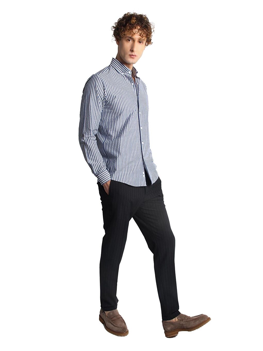 Lacivert Dynamic Fit Düğmeli Yaka Çizgili Uzun Kollu Cepsiz %100 Pamuk Gömlek-3