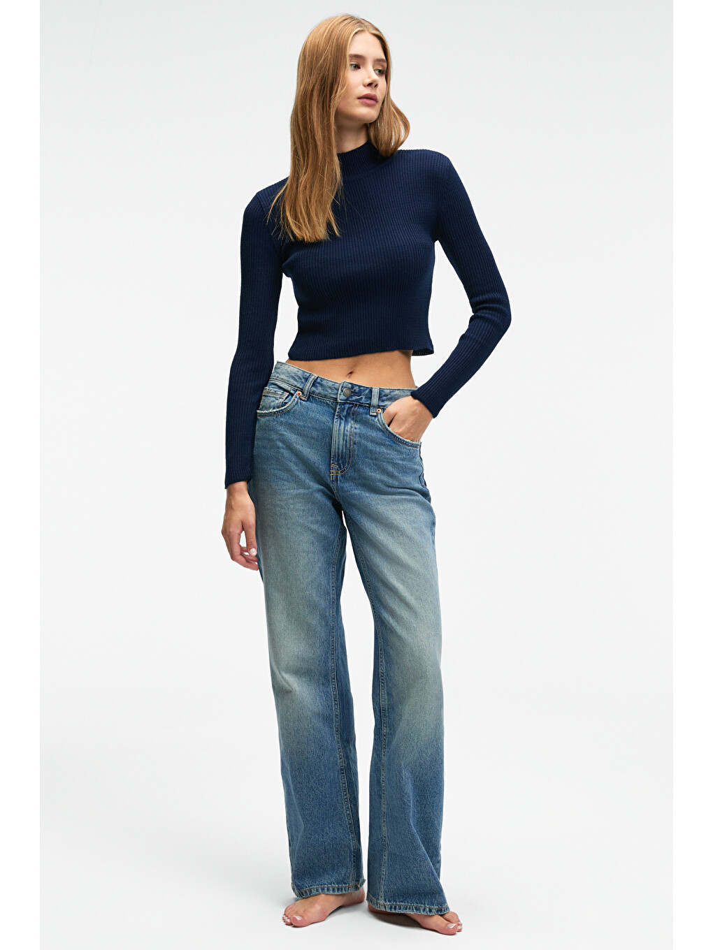 Calıda Kadın Dik Yaka Fitilli Görünümlü Slim Fit Triko Lacivert Kazak-5