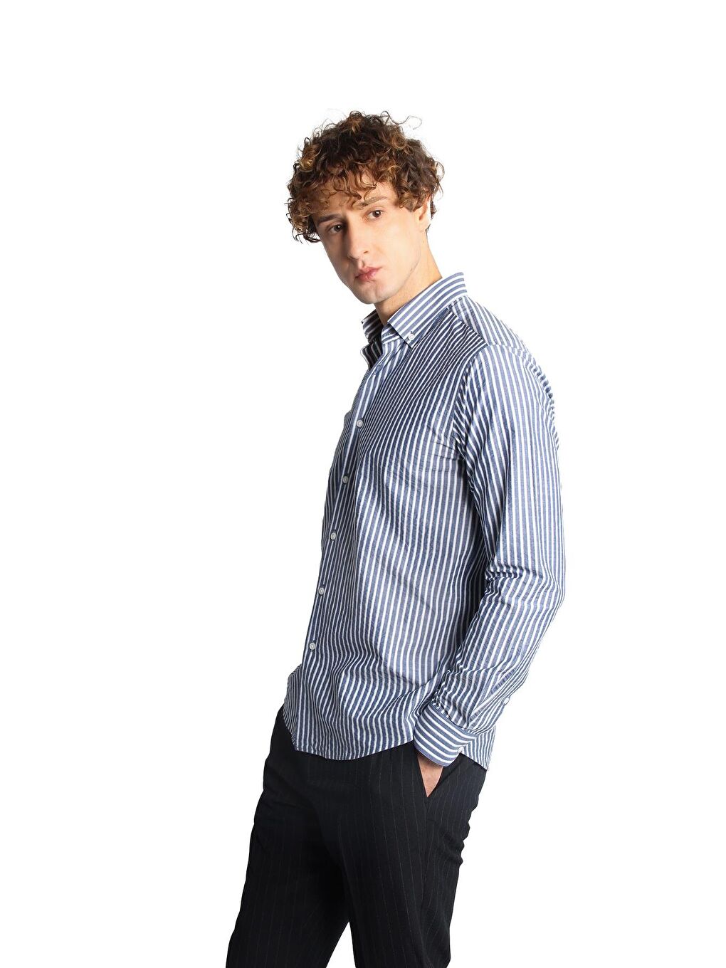 Lacivert Dynamic Fit Düğmeli Yaka Çizgili Uzun Kollu Cepsiz %100 Pamuk Gömlek-4