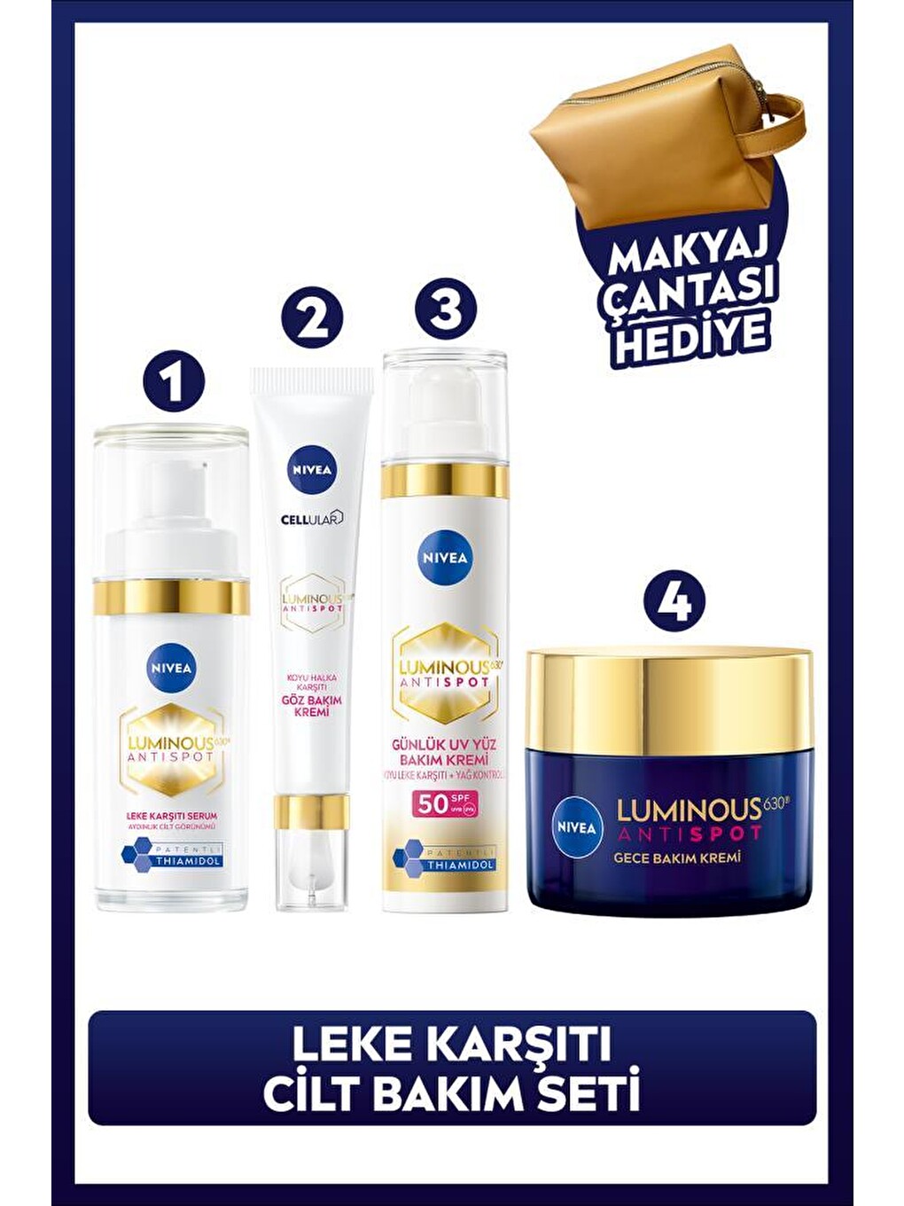 Luminous630 Leke Karşıtı Bakım, Cilt Serumu, Göz, Gündüz Ve Gece Kremi, Makyaj Çantalı Çeyiz Seti