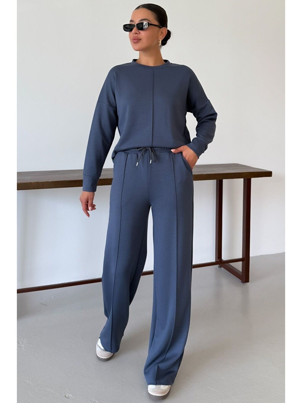 Gri Kadın Füme Düz Biye Detay Bisiklet Yaka Modal Kumaş Alt-Üst Eşofman Takımı-1