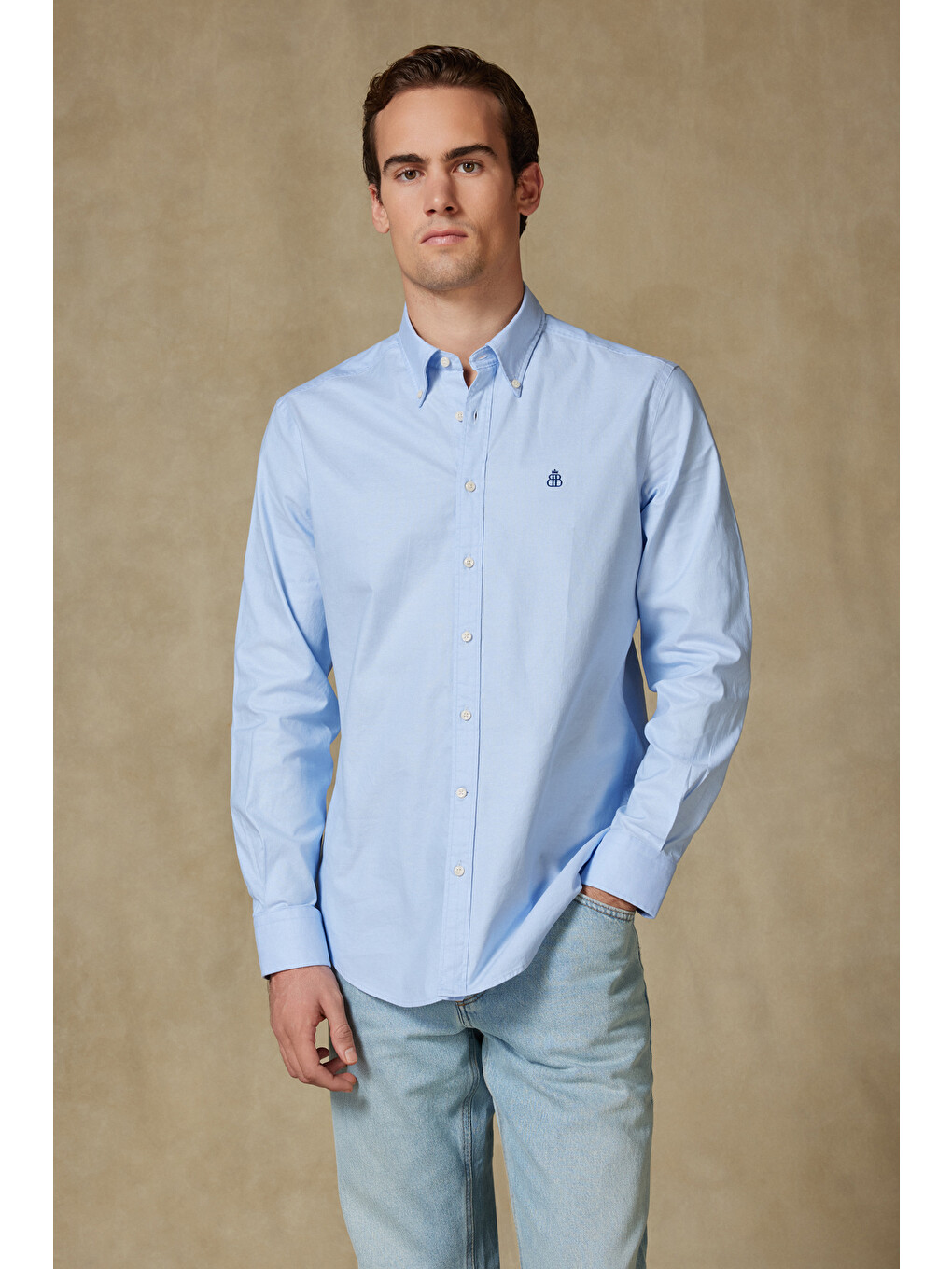 Luca Oxford Stretch Pamuk Karışımlı Comfort Fit Mavi Düğmeli Yaka Erkek Düz Gömlek