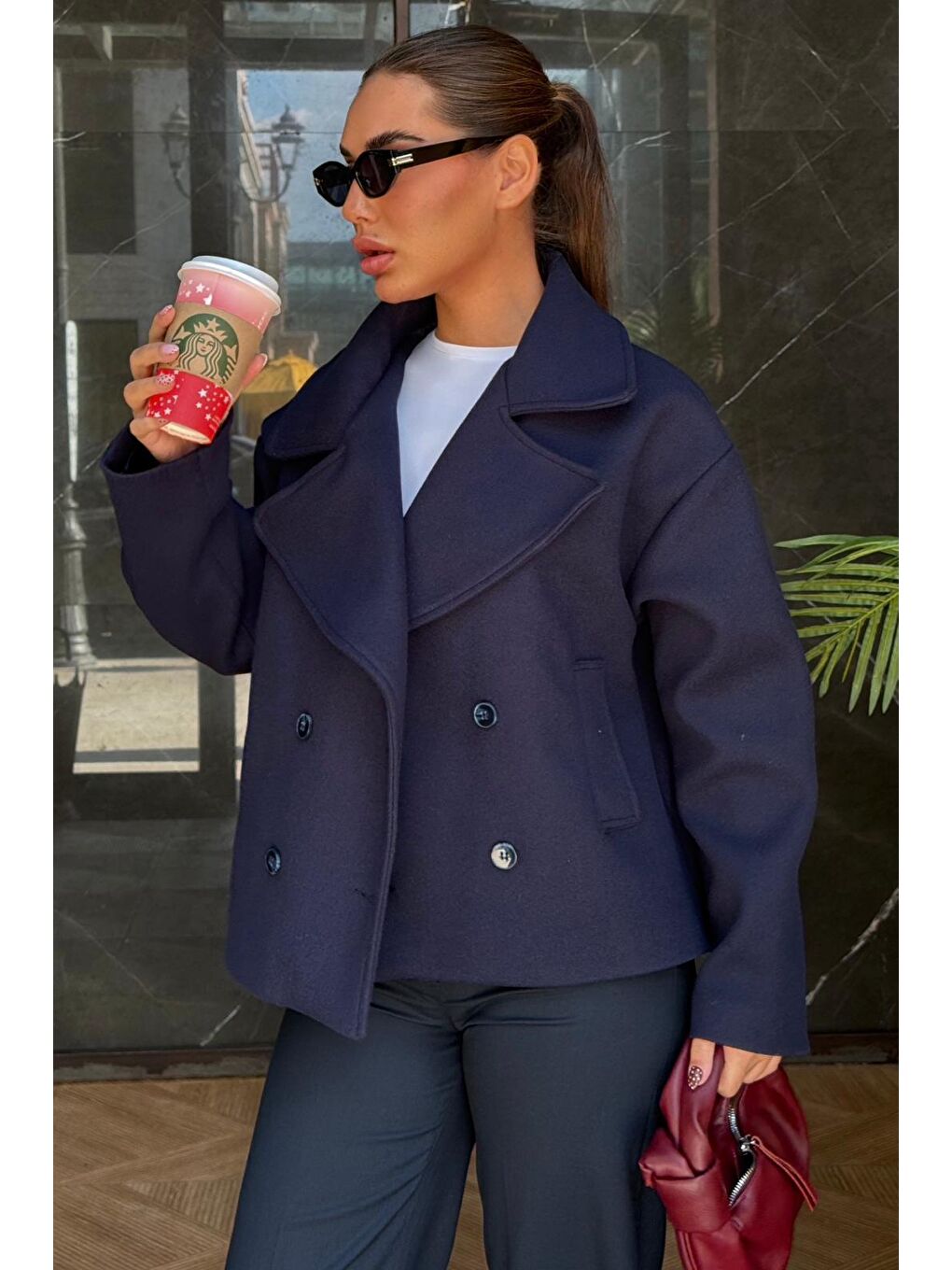 Lacivert Kısa Kaşe Kadın Kaban Mg2544-3