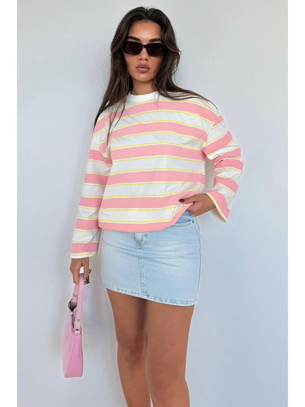 Pembe Bisiklet Yaka %100 Pamuklu Çizgili Uzun Kollu Tişört Mg2362-3