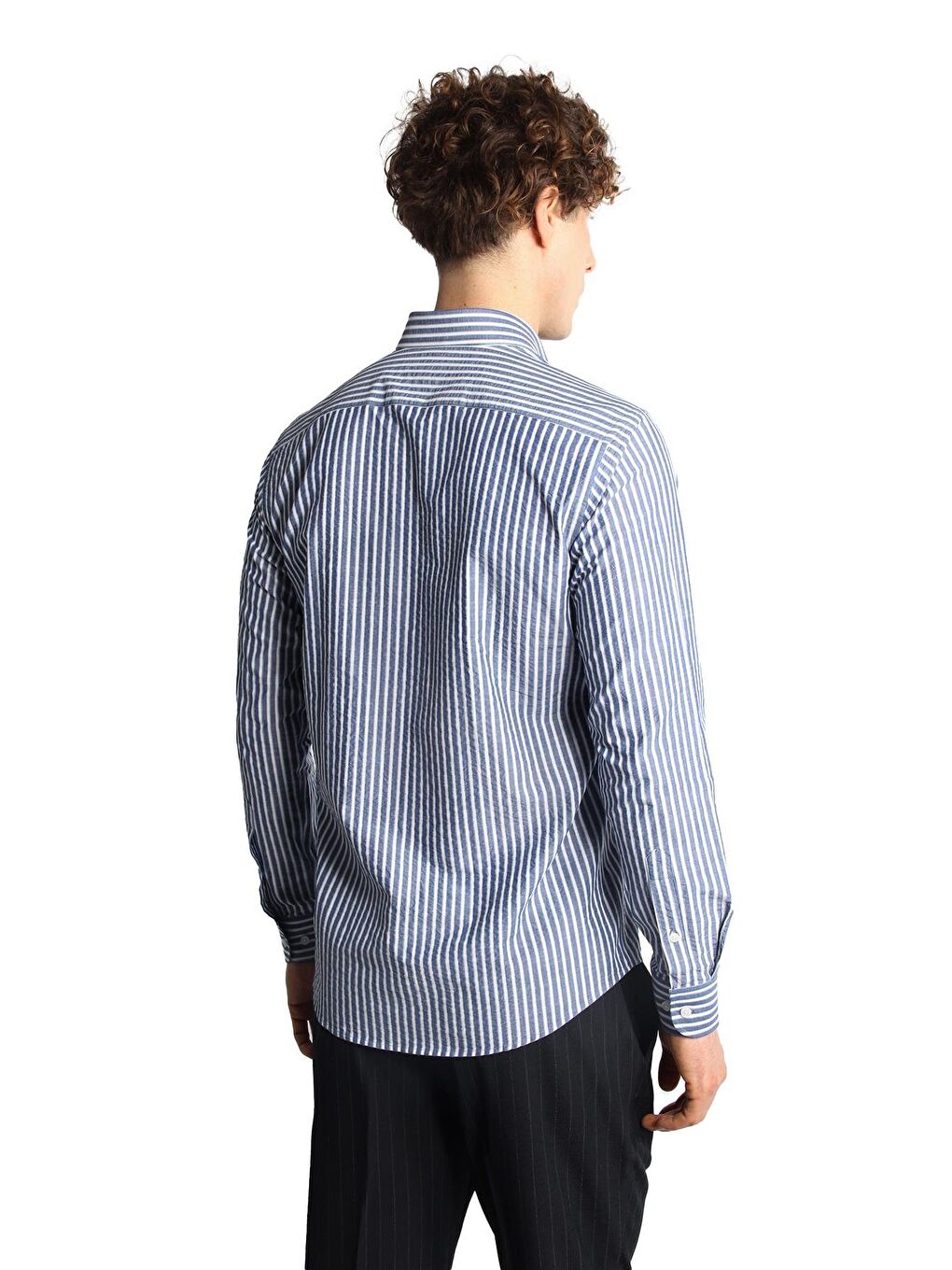 Lacivert Dynamic Fit Düğmeli Yaka Çizgili Uzun Kollu Cepsiz %100 Pamuk Gömlek-5