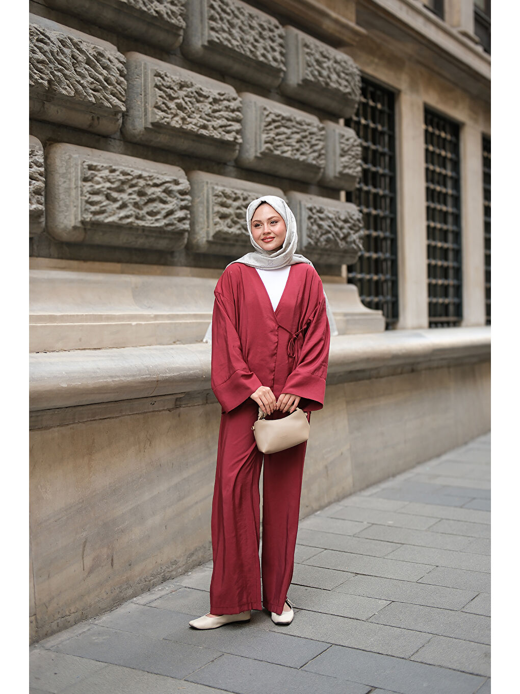 Kadın Yan Bağlamalı İkili Kimono Takım Bordo-1