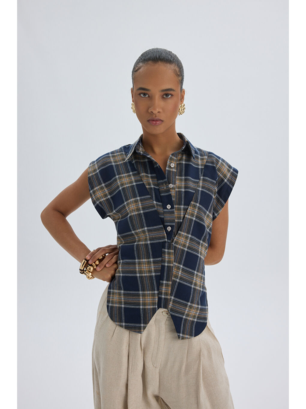 Frenzy Ekoseli Lacivert Kısa Gömlek-5