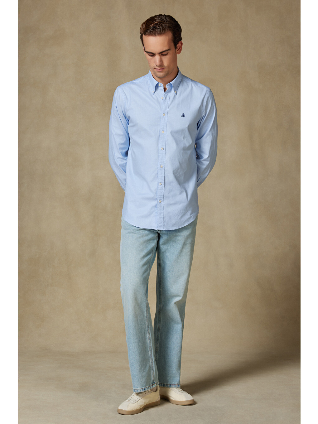 Luca Oxford Stretch Pamuk Karışımlı Comfort Fit Mavi Düğmeli Yaka Erkek Düz Gömlek-1