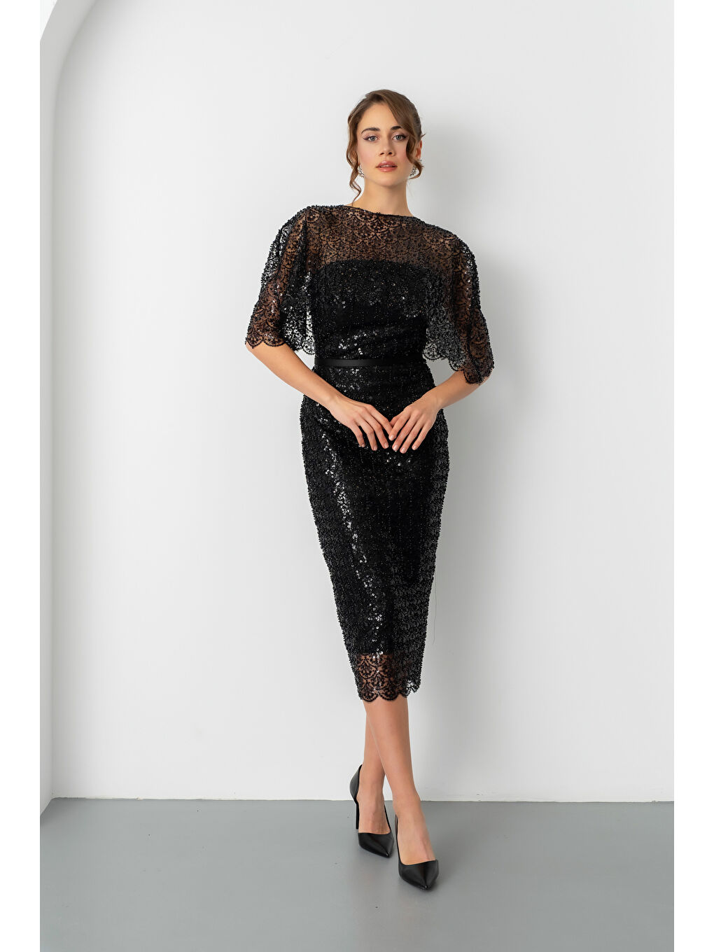 Kadın Siyah Bolero Detay Boncuklu Midi Söz Nişan Abiye Elbise