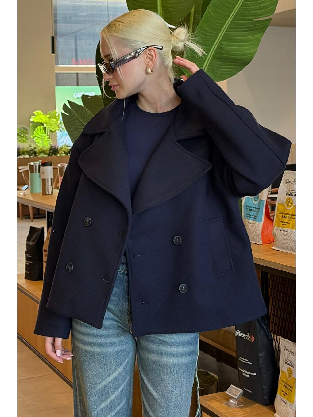 Lacivert Kısa Kaşe Kadın Kaban Mg2544-7