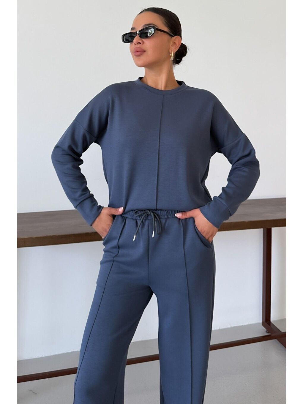 Gri Kadın Füme Düz Biye Detay Bisiklet Yaka Modal Kumaş Alt-Üst Eşofman Takımı-3