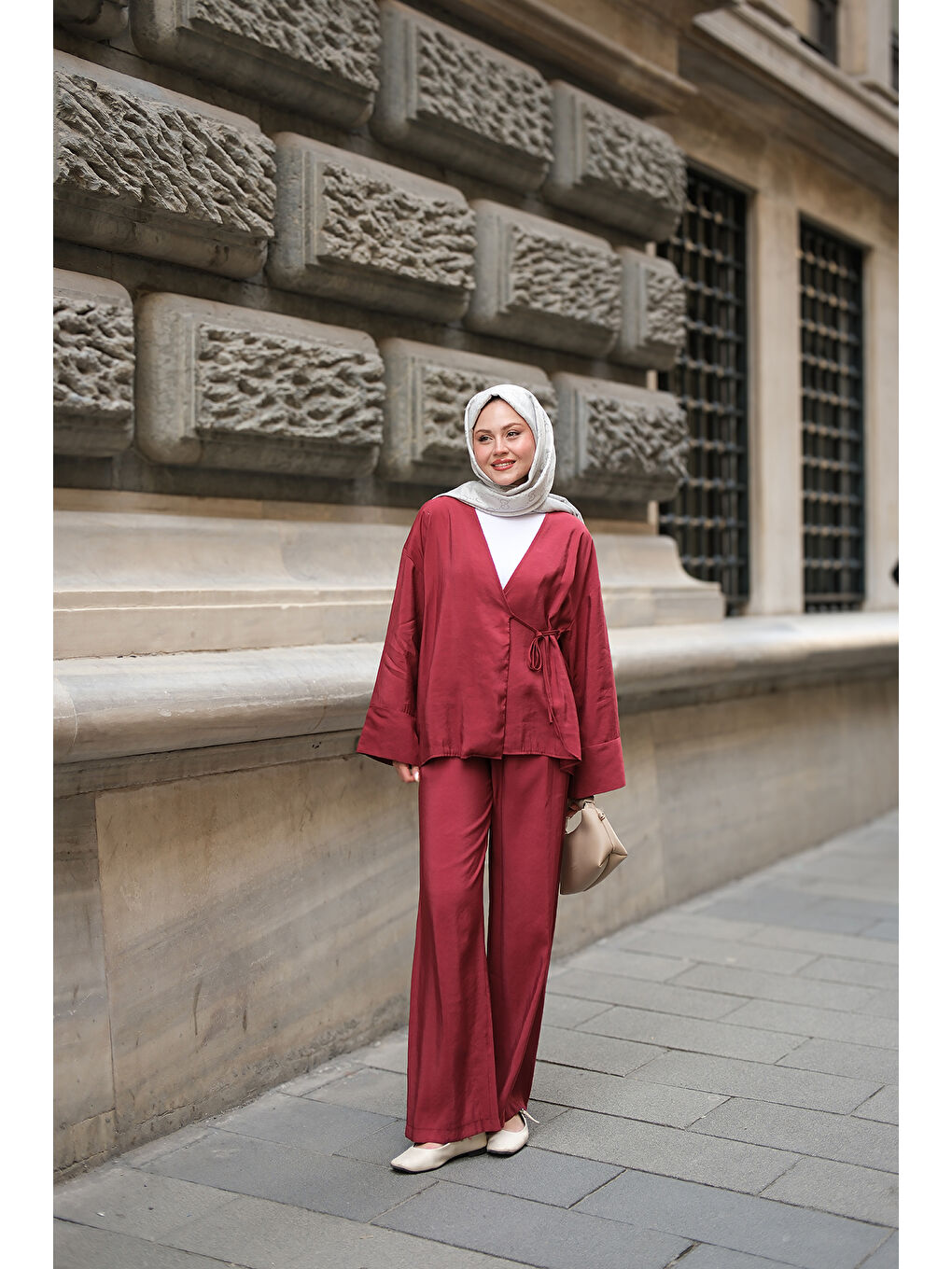 Kadın Yan Bağlamalı İkili Kimono Takım Bordo-2