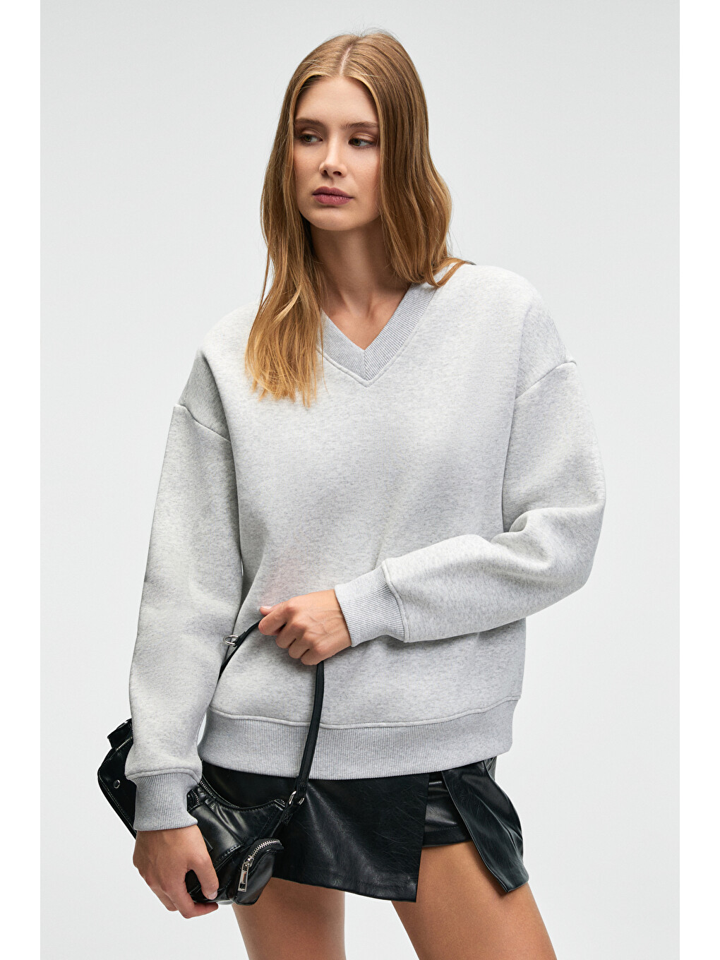 Arınel Kadın V Yaka Regular Fit Gri Melanj Sweatshirt-1