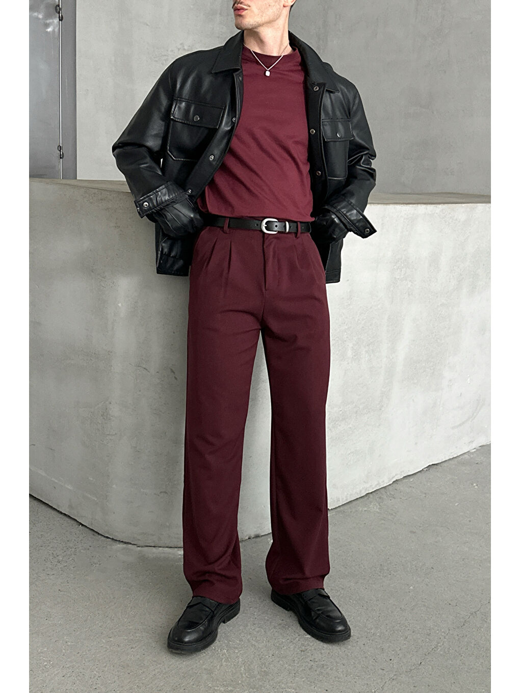 Bordo Erkek Pileli Baggy Kalıp Kumaş Pantolon-1
