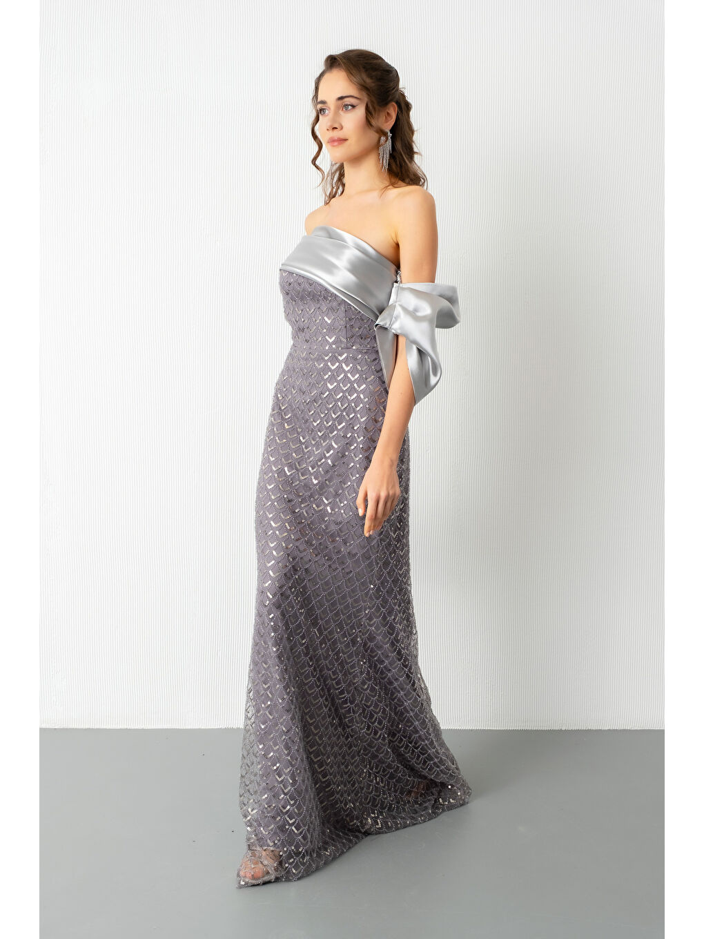 Kadın Gri Yaka Detay Boncuklu Uzun Abiye Elbise-2