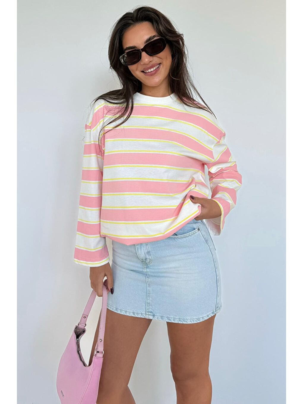 Pembe Bisiklet Yaka %100 Pamuklu Çizgili Uzun Kollu Tişört Mg2362-5