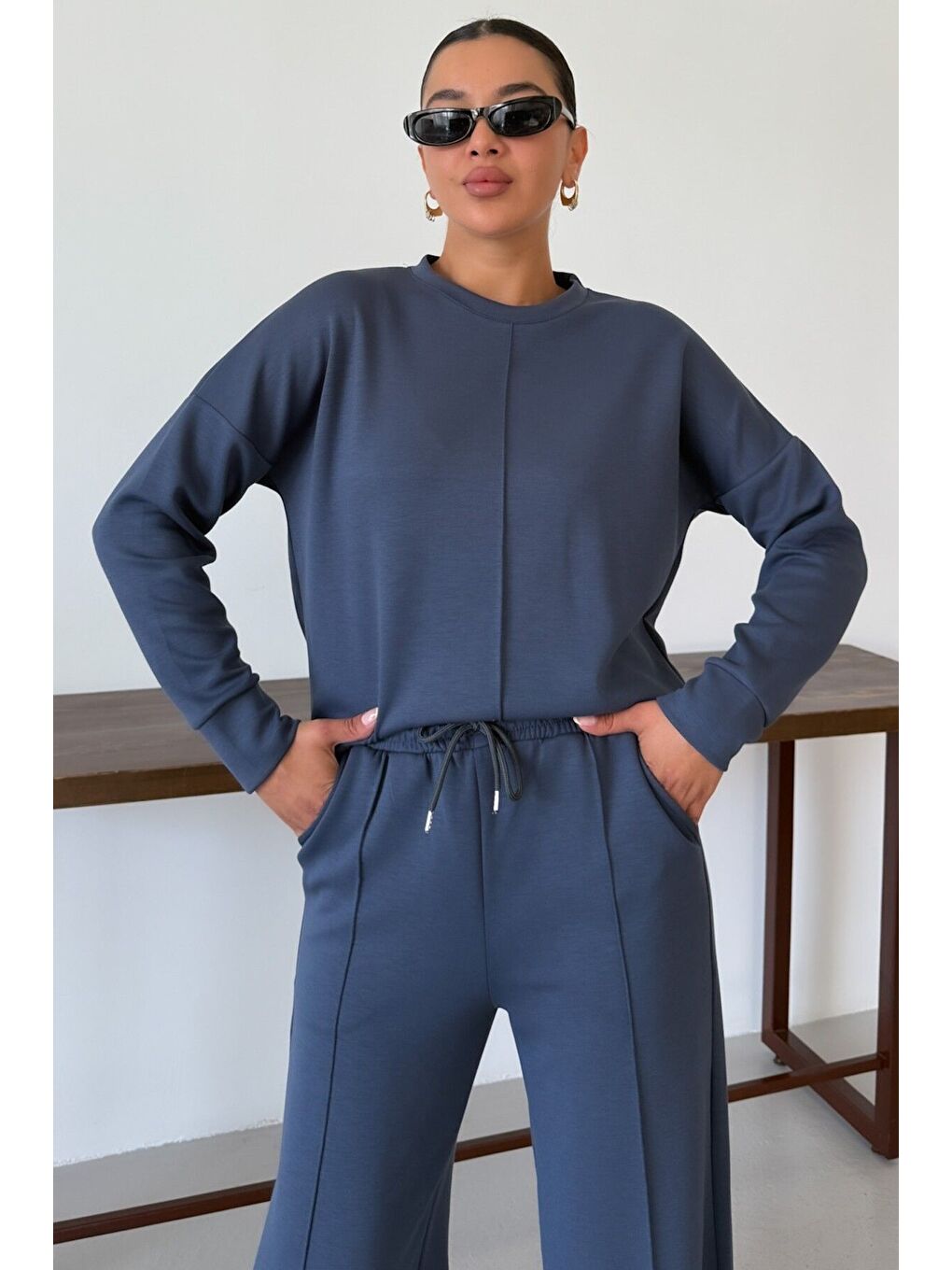 Gri Kadın Füme Düz Biye Detay Bisiklet Yaka Modal Kumaş Alt-Üst Eşofman Takımı-4