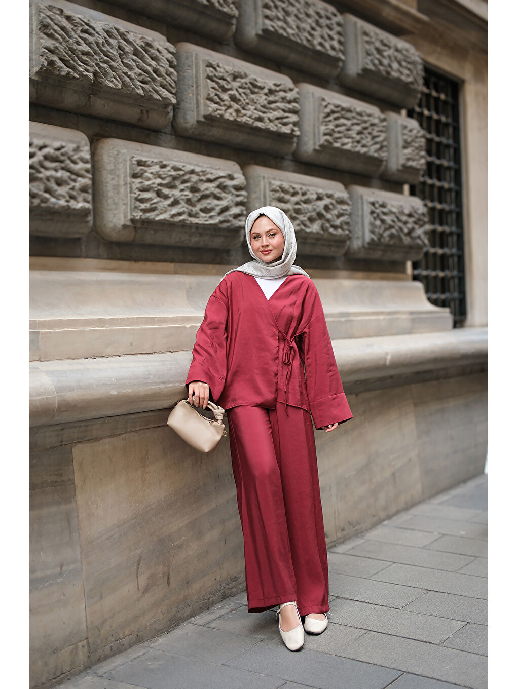 Kadın Yan Bağlamalı İkili Kimono Takım Bordo-3