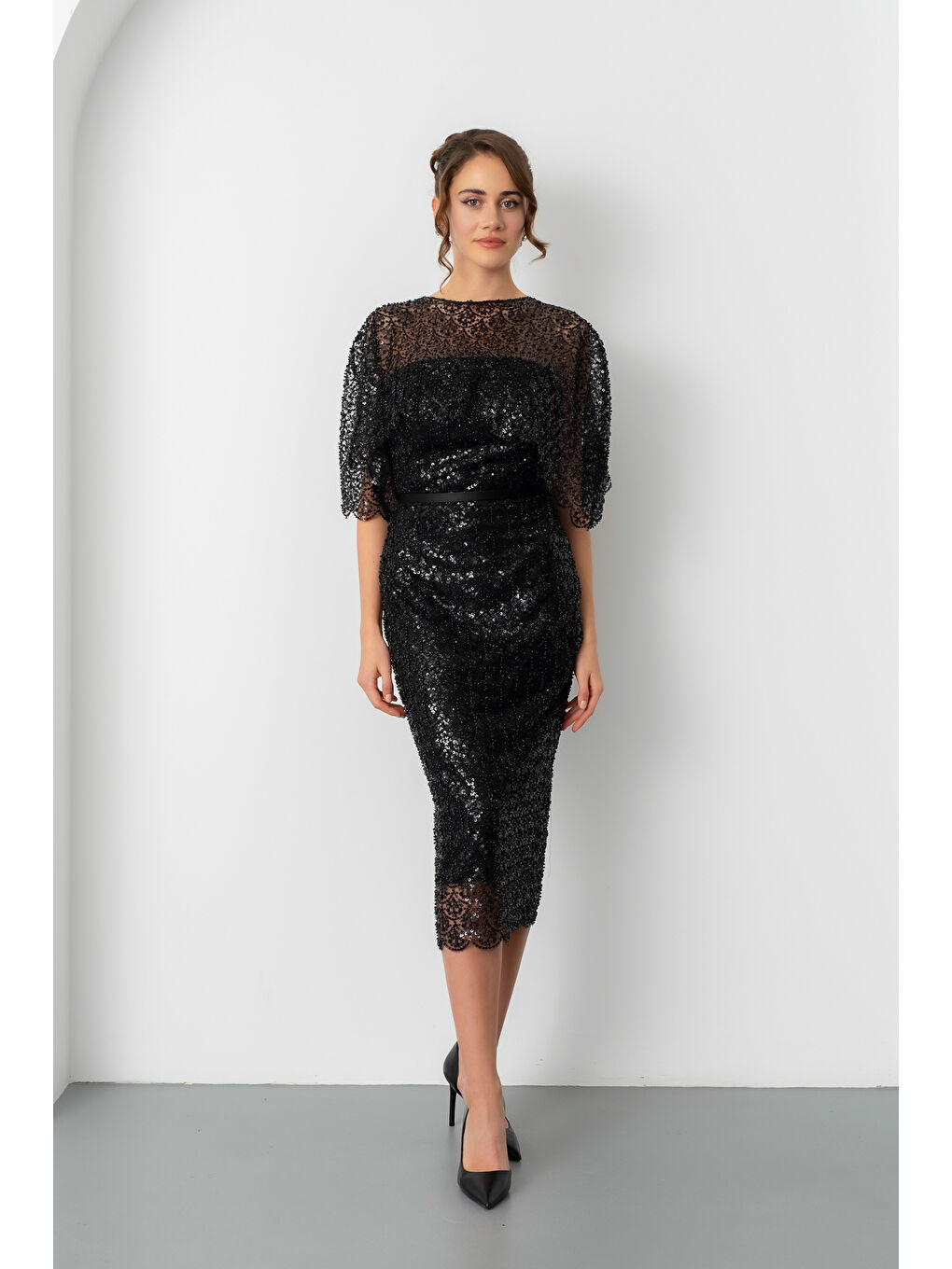 Kadın Siyah Bolero Detay Boncuklu Midi Söz Nişan Abiye Elbise-1