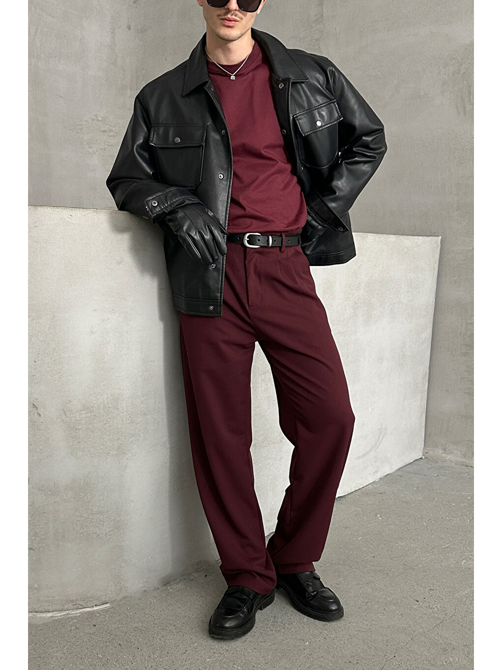 Bordo Erkek Pileli Baggy Kalıp Kumaş Pantolon-2