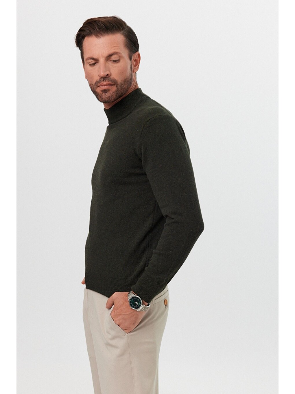 Yeşil Erkek Yünlü Normal Kalıp Yarım Balıkçı Yaka Triko Kazak-2