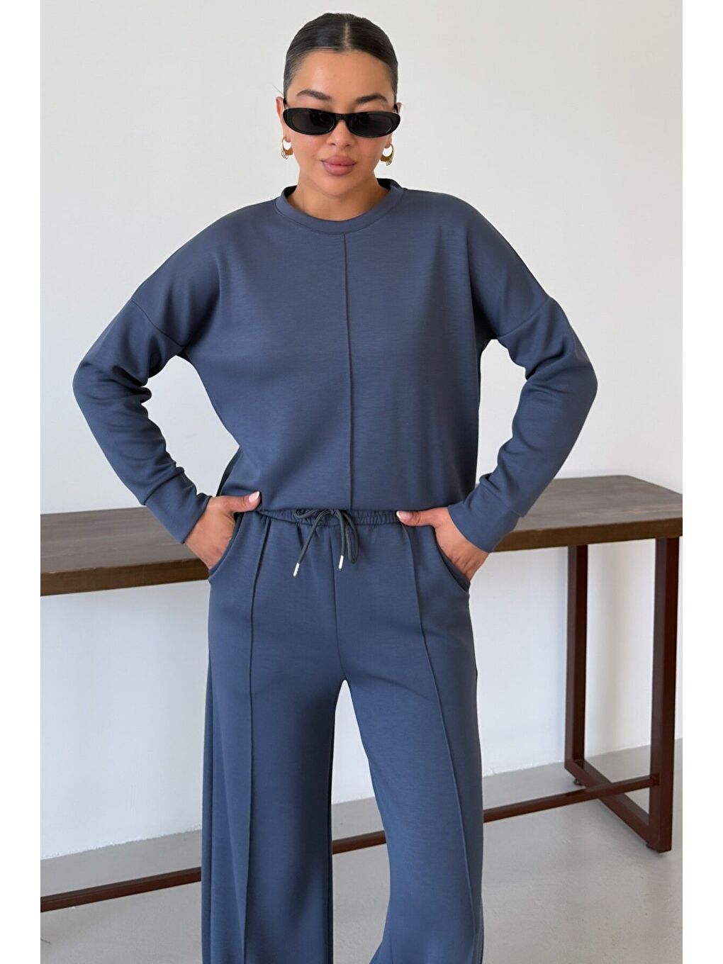 Gri Kadın Füme Düz Biye Detay Bisiklet Yaka Modal Kumaş Alt-Üst Eşofman Takımı-5