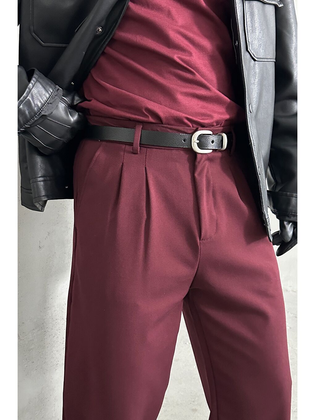 Bordo Erkek Pileli Baggy Kalıp Kumaş Pantolon-3