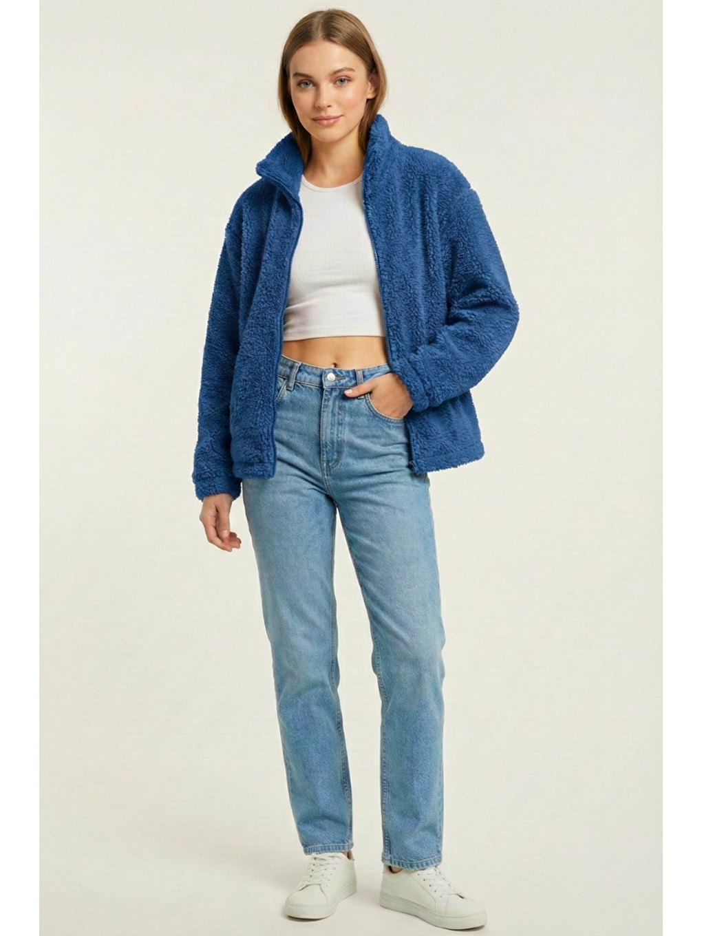 İndigo Kadın Pelüş Tam Fermuarlı Cepli Sherpa Kuzu Kumaş Oversize Pelüş Polar Sweatshirt-1