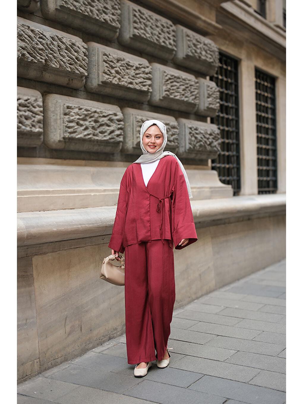Kadın Yan Bağlamalı İkili Kimono Takım Bordo-4