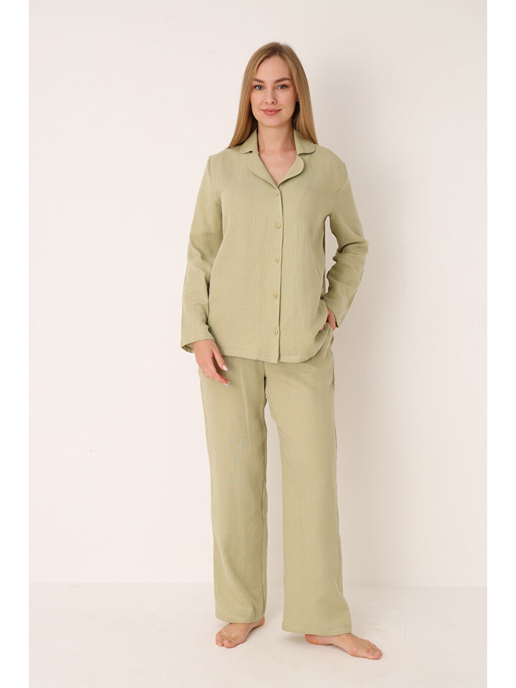 Yeşil Straight Önden Düğmeli Pijama Takım