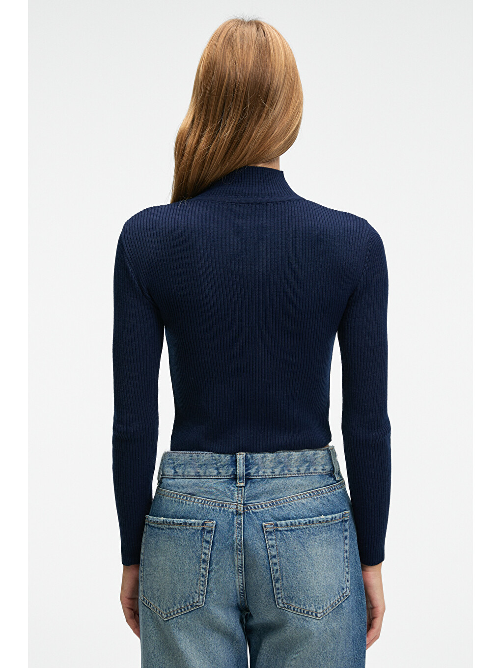 Calıda Kadın Dik Yaka Fitilli Görünümlü Slim Fit Triko Lacivert Kazak-6