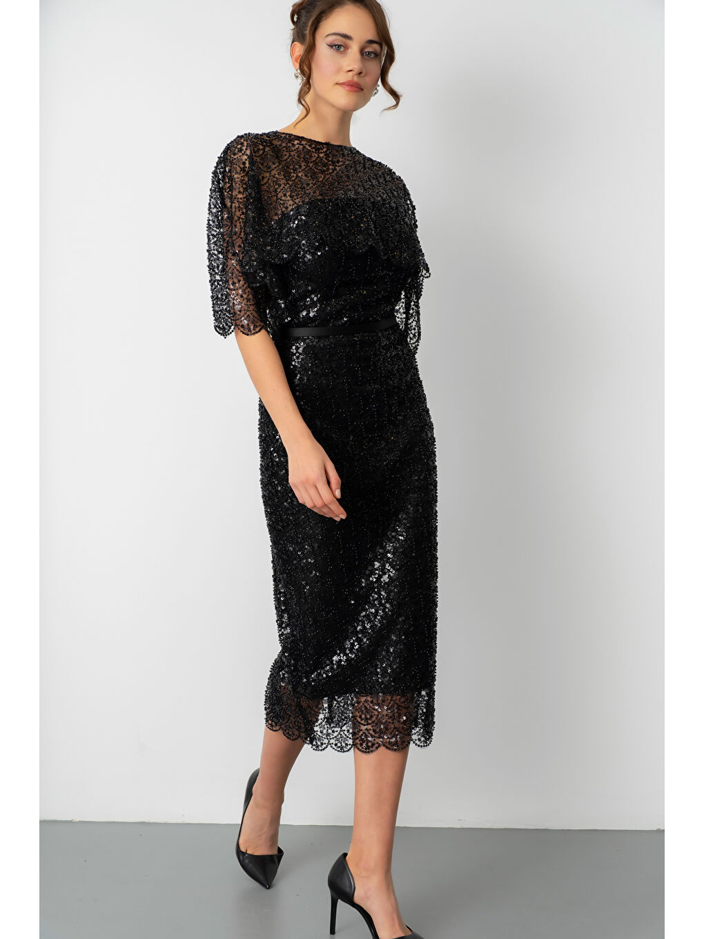 Kadın Siyah Bolero Detay Boncuklu Midi Söz Nişan Abiye Elbise-2