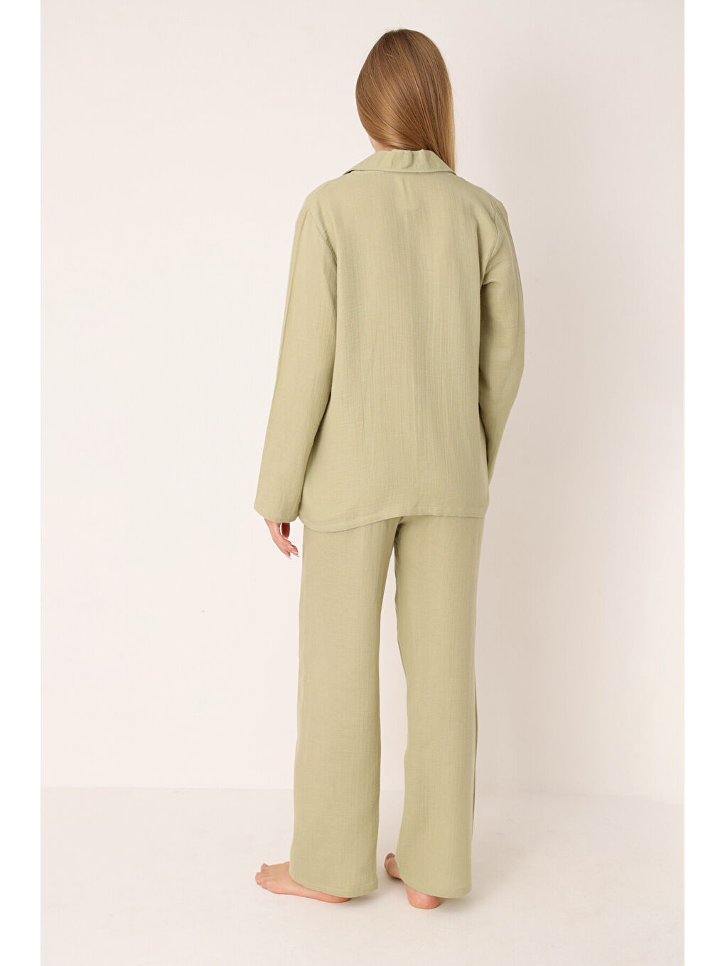 Yeşil Straight Önden Düğmeli Pijama Takım-1