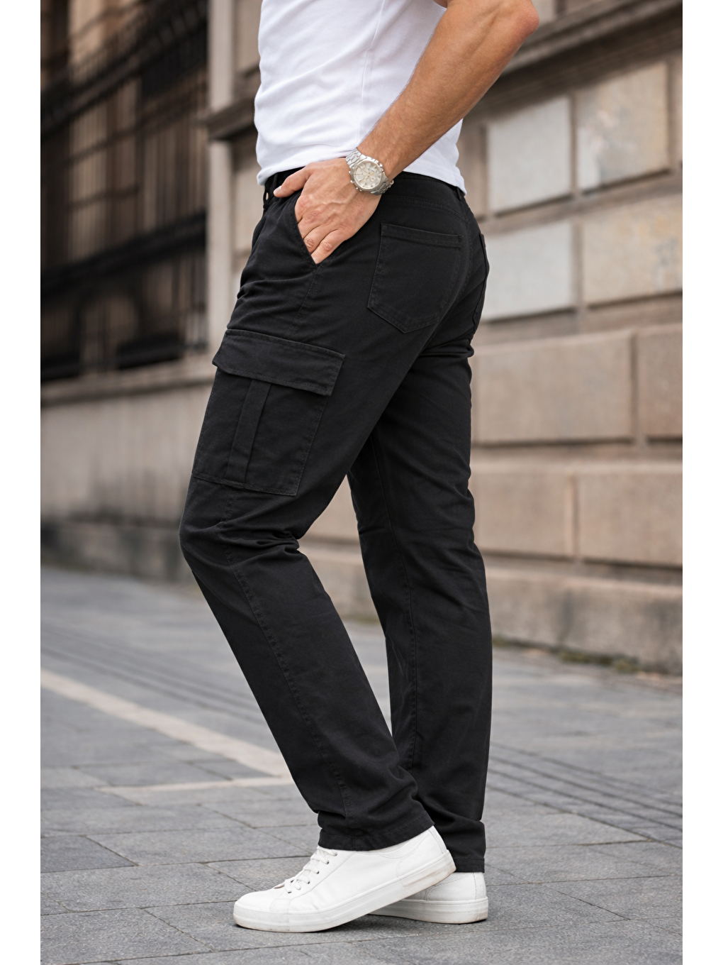 Erkek Kargo Cepli Pamuklu Siyah Baggy Pantolon-1