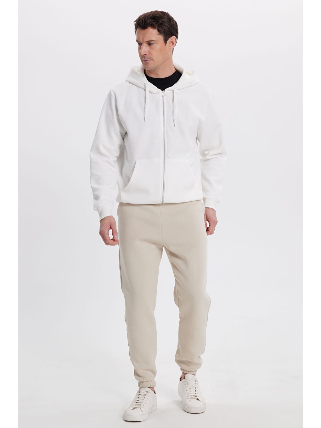 Ekru Unisex Relax Fit Rahat Kesim Şardonlu 3 Cepli Lastikli Jogger Paça Krem Eşofman Altı-1