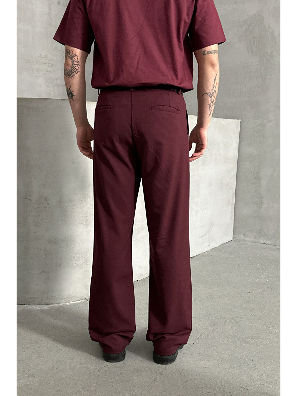 Bordo Erkek Pileli Baggy Kalıp Kumaş Pantolon-4