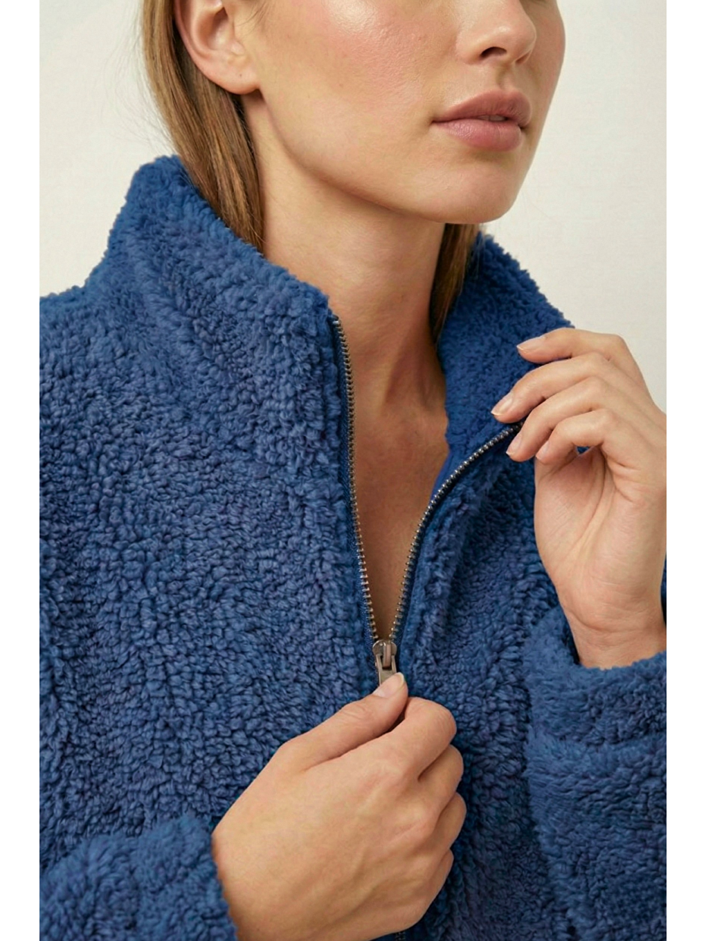 İndigo Kadın Pelüş Tam Fermuarlı Cepli Sherpa Kuzu Kumaş Oversize Pelüş Polar Sweatshirt-2