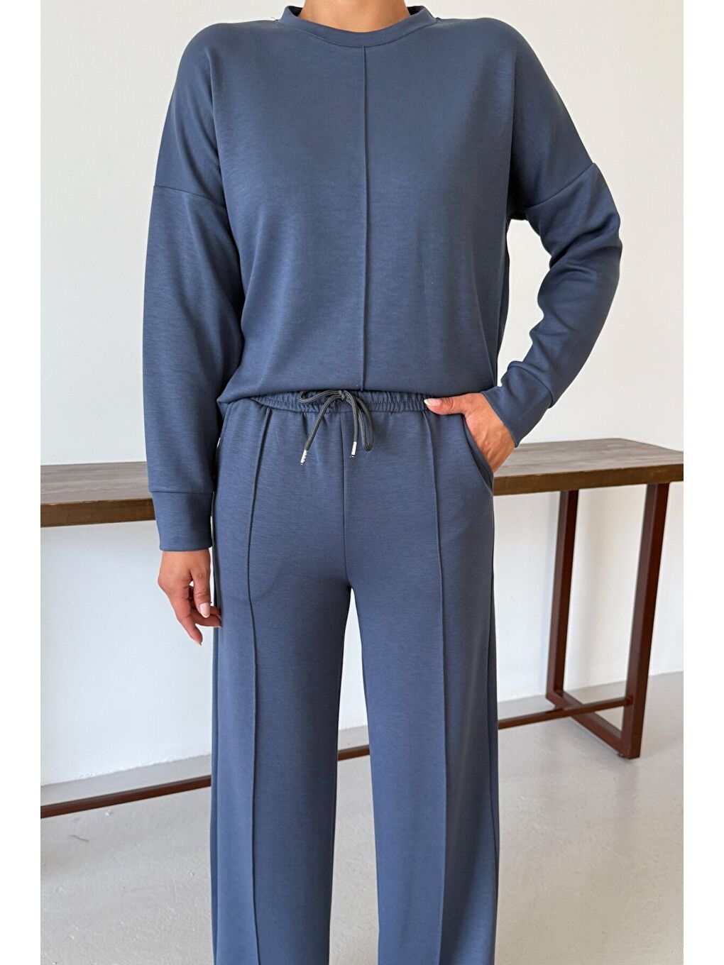 Gri Kadın Füme Düz Biye Detay Bisiklet Yaka Modal Kumaş Alt-Üst Eşofman Takımı-6