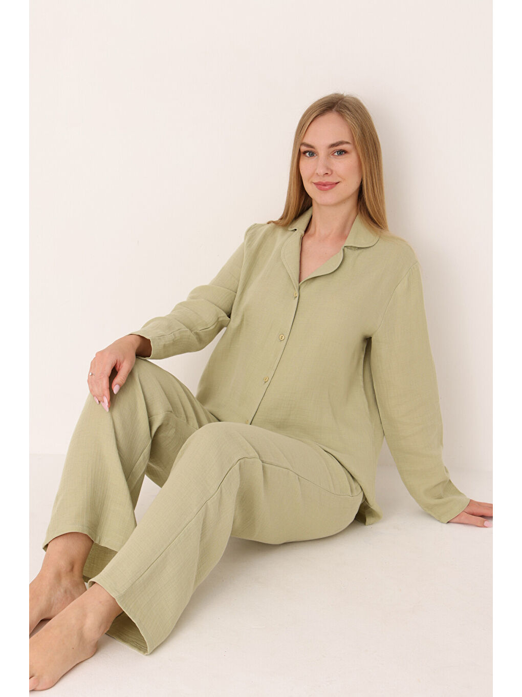 Yeşil Straight Önden Düğmeli Pijama Takım-2