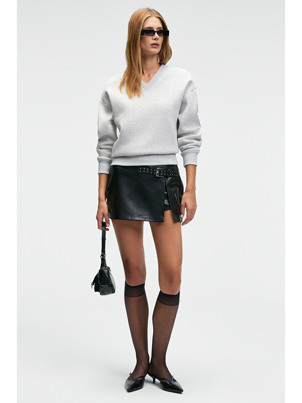 Arınel Kadın V Yaka Regular Fit Gri Melanj Sweatshirt-2
