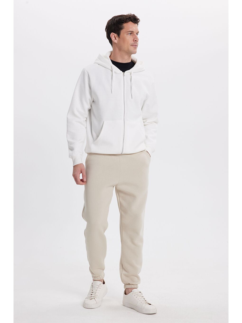 Ekru Unisex Relax Fit Rahat Kesim Şardonlu 3 Cepli Lastikli Jogger Paça Krem Eşofman Altı-3