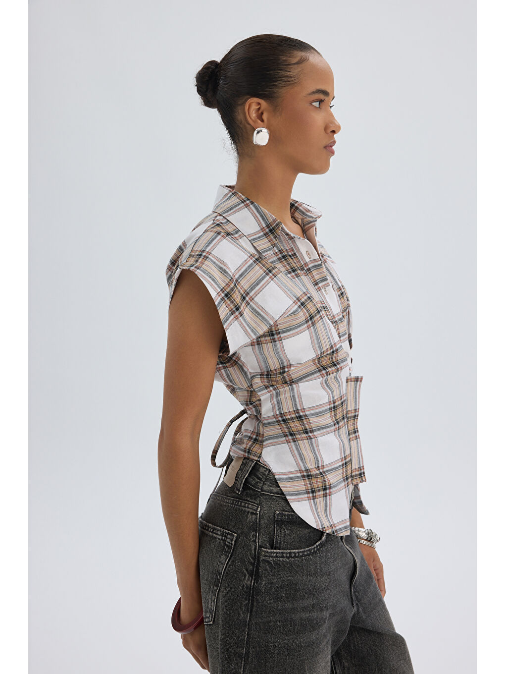 Frenzy Ekoseli Ekru Kısa Gömlek-3