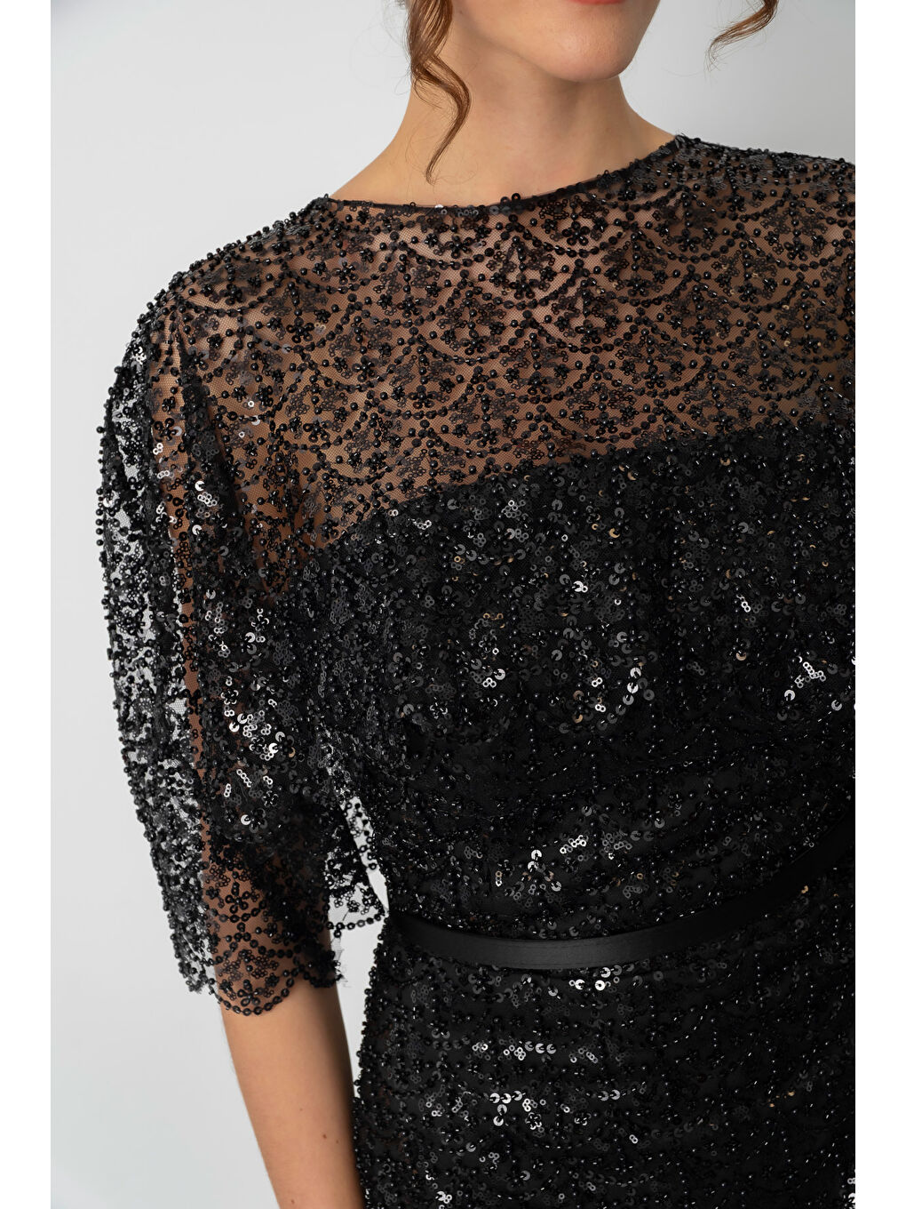 Kadın Siyah Bolero Detay Boncuklu Midi Söz Nişan Abiye Elbise-3